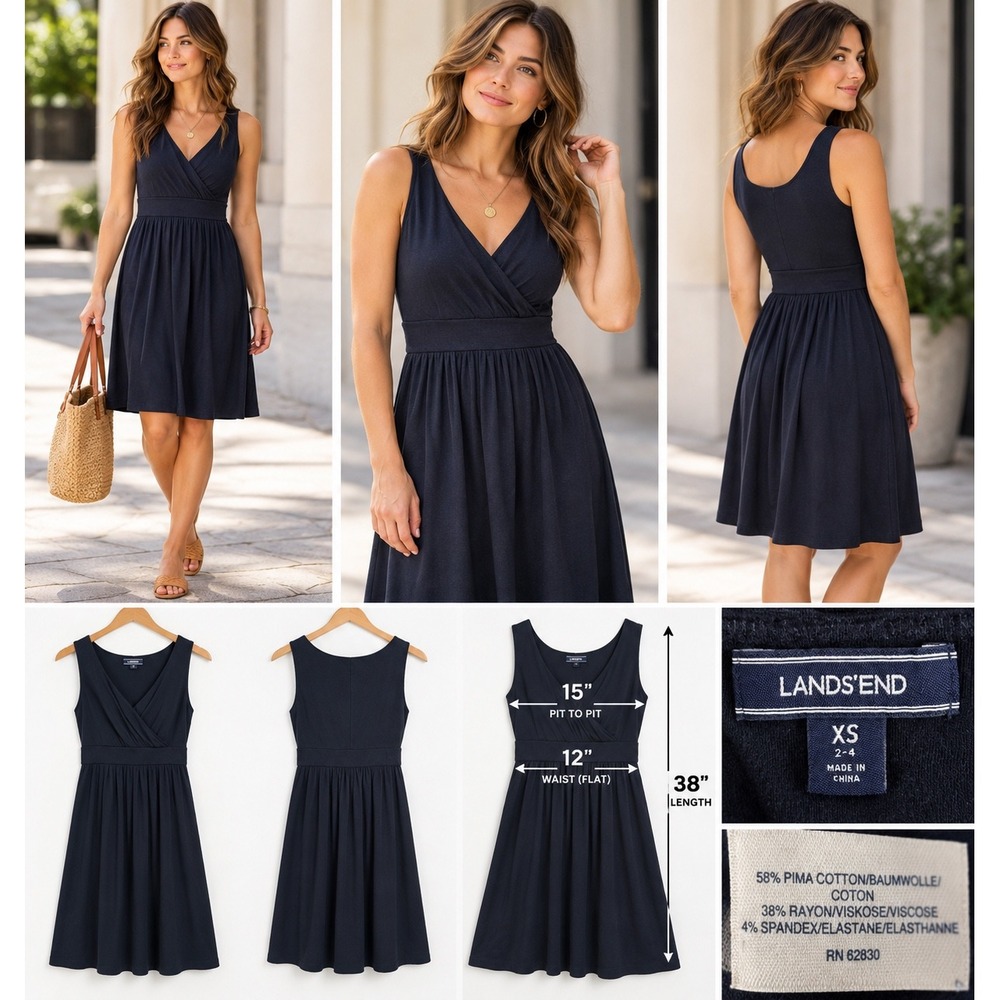 Lands' End XS Navy Surplice Fit & Flare Dress Pima Cotton Quiet Luxury Preppy